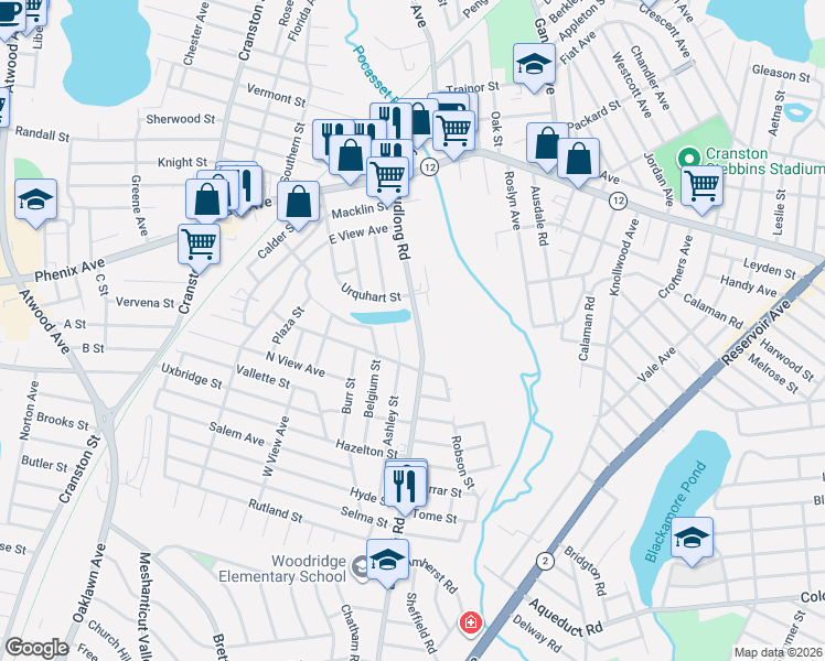 map of restaurants, bars, coffee shops, grocery stores, and more near 150 Budlong Road in Cranston