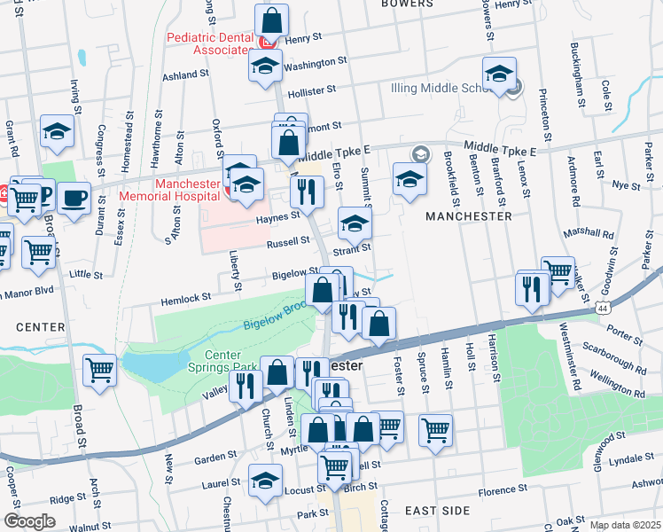 map of restaurants, bars, coffee shops, grocery stores, and more near in Manchester