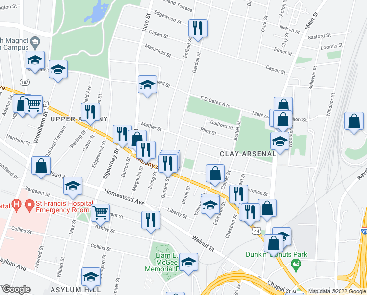 map of restaurants, bars, coffee shops, grocery stores, and more near 119-135 Bedford Street in Hartford