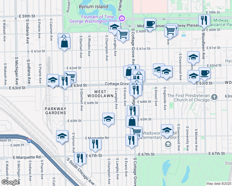 map of restaurants, bars, coffee shops, grocery stores, and more near 6325 South Champlain Avenue in Chicago