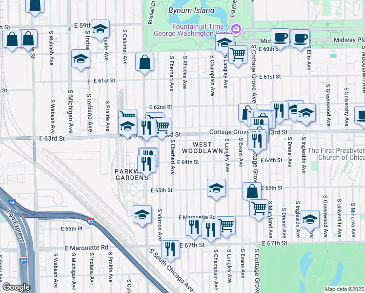 map of restaurants, bars, coffee shops, grocery stores, and more near 6325 South Rhodes Avenue in Chicago