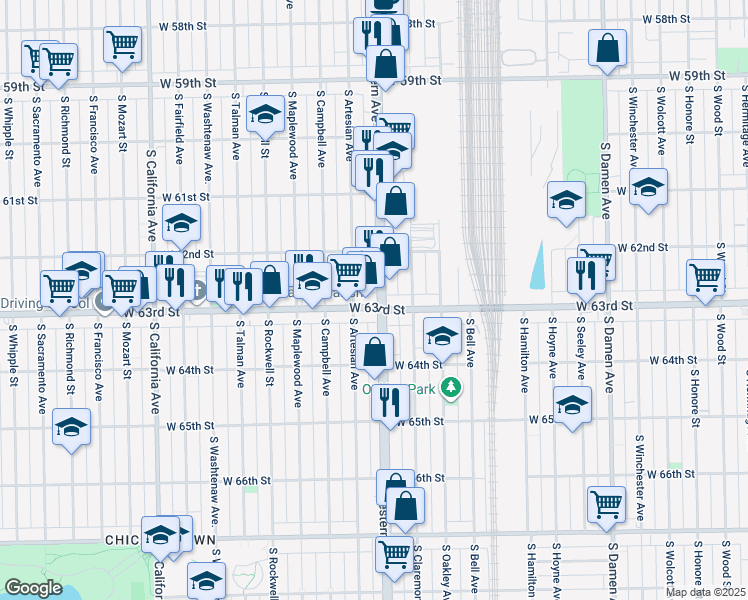 map of restaurants, bars, coffee shops, grocery stores, and more near 6254 South Western Avenue in Chicago
