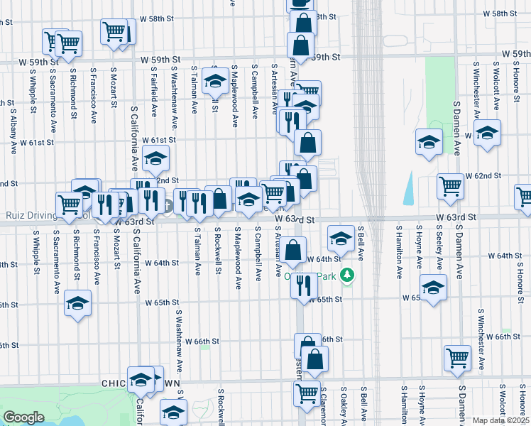 map of restaurants, bars, coffee shops, grocery stores, and more near in Chicago