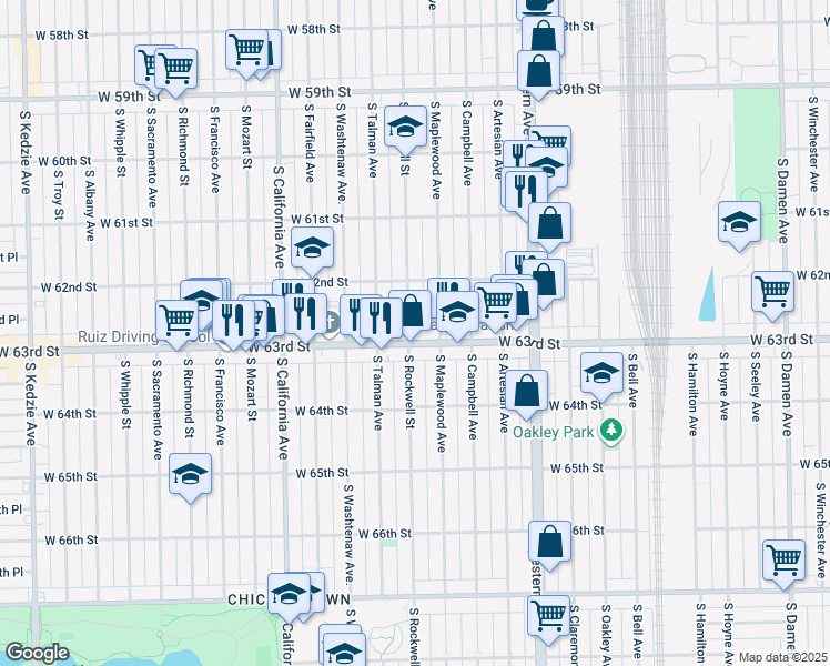 map of restaurants, bars, coffee shops, grocery stores, and more near 2556 West 63rd Street in Chicago