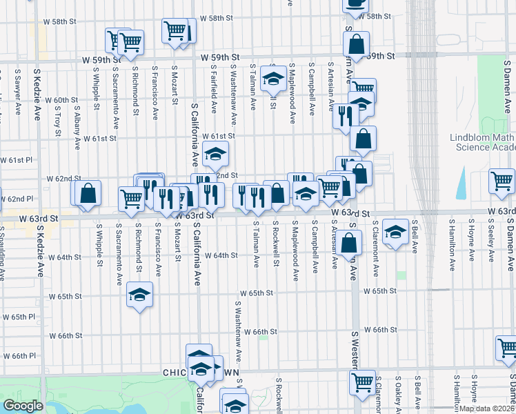 map of restaurants, bars, coffee shops, grocery stores, and more near 2636 West 63rd Street in Chicago