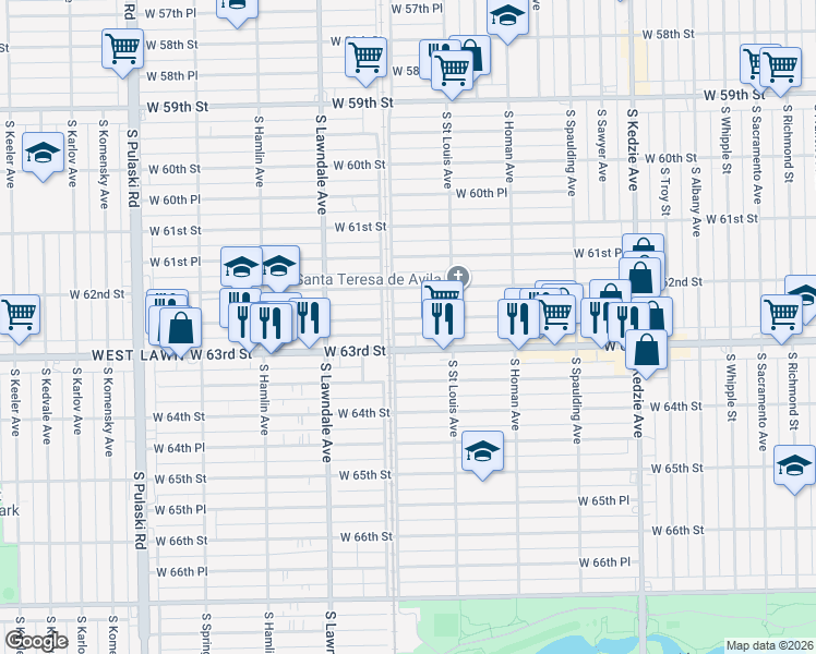 map of restaurants, bars, coffee shops, grocery stores, and more near 3557 West 62nd Place in Chicago