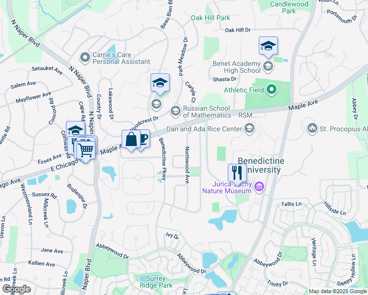 map of restaurants, bars, coffee shops, grocery stores, and more near 2580 Retreat Circle in Lisle