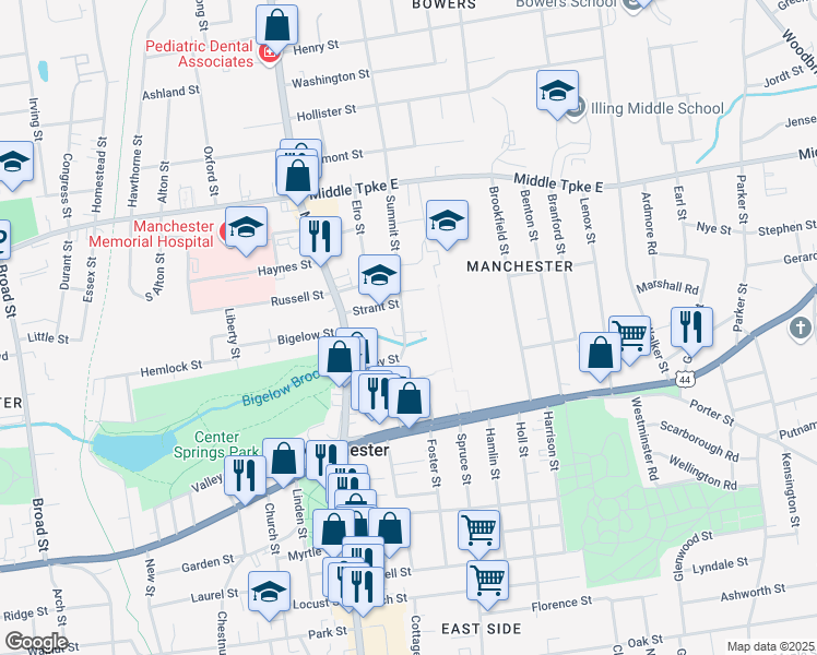 map of restaurants, bars, coffee shops, grocery stores, and more near 85 Summit Street in Manchester