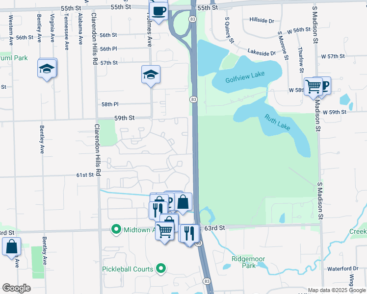 map of restaurants, bars, coffee shops, grocery stores, and more near 6060 Laurel Lane in Willowbrook