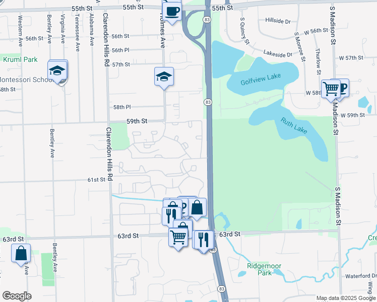 map of restaurants, bars, coffee shops, grocery stores, and more near 6060 Laurel Lane in Willowbrook