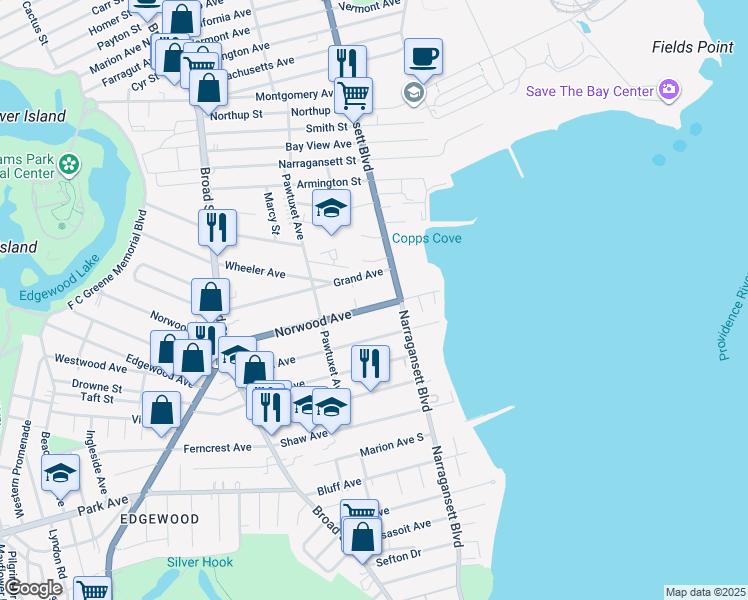 map of restaurants, bars, coffee shops, grocery stores, and more near 83 Norwood Avenue in Cranston