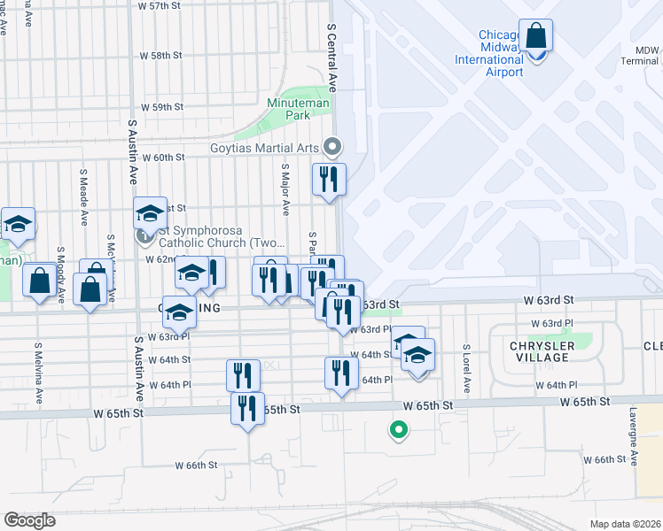 map of restaurants, bars, coffee shops, grocery stores, and more near 6208 South Central Avenue in Chicago