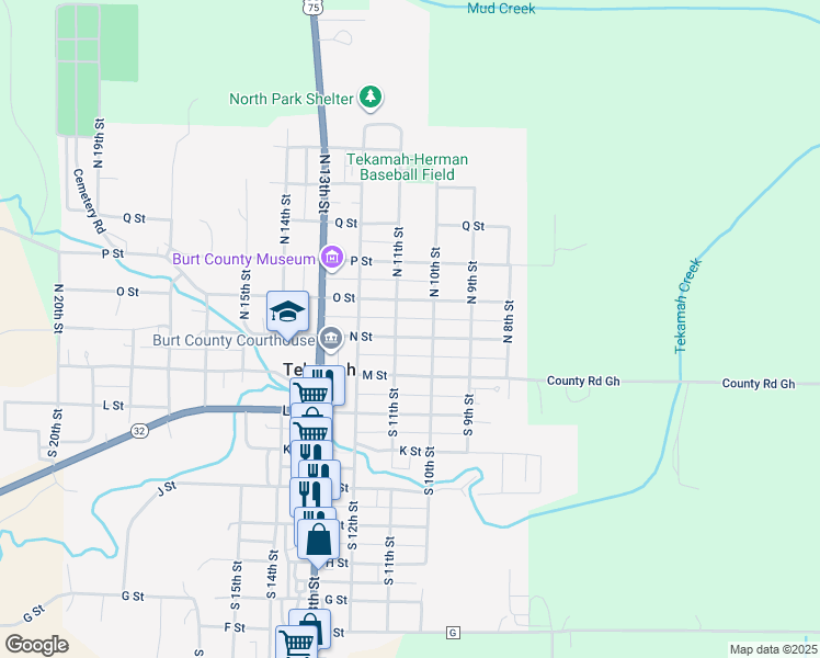 map of restaurants, bars, coffee shops, grocery stores, and more near 1016 N Street in Tekamah