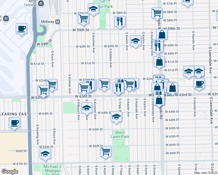 map of restaurants, bars, coffee shops, grocery stores, and more near 6228 South Kildare Avenue in Chicago