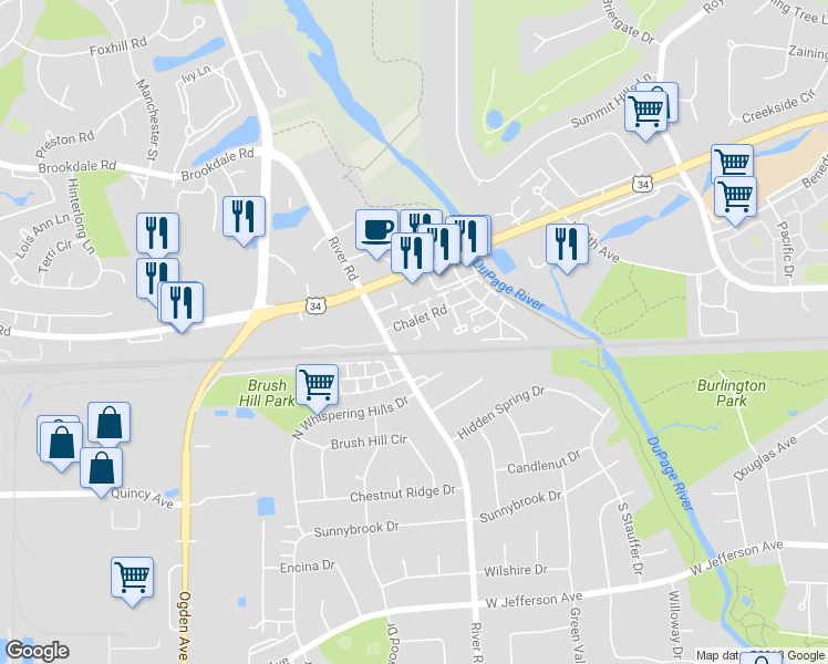 map of restaurants, bars, coffee shops, grocery stores, and more near 1250 Chalet Road in Naperville