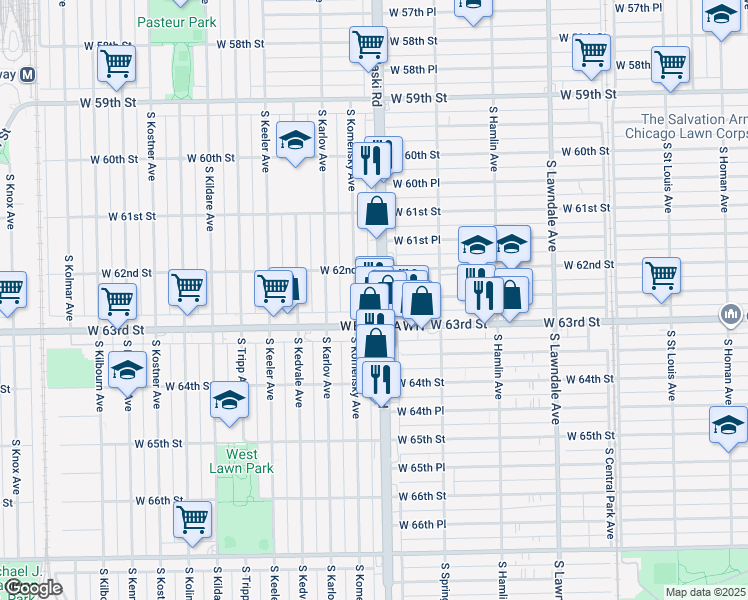 map of restaurants, bars, coffee shops, grocery stores, and more near 6230 South Pulaski Road in Chicago