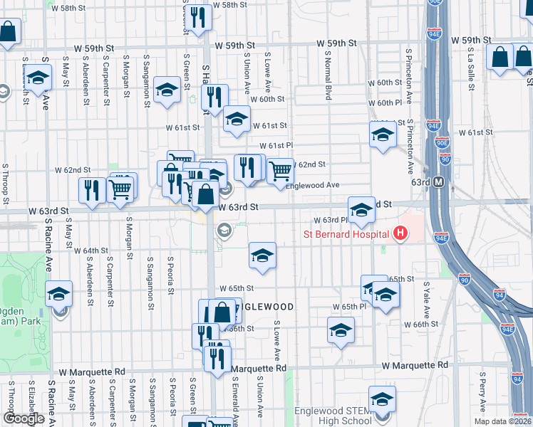 map of restaurants, bars, coffee shops, grocery stores, and more near 641 West 63rd Street in Chicago