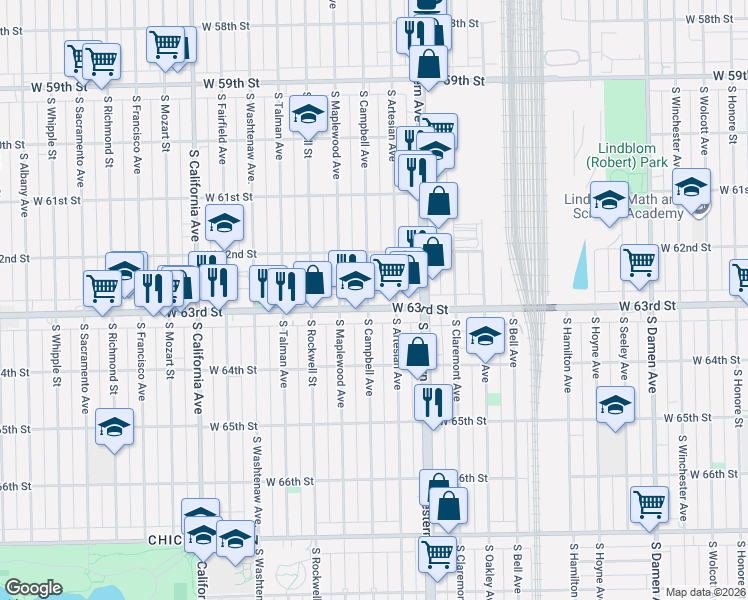 map of restaurants, bars, coffee shops, grocery stores, and more near in Chicago