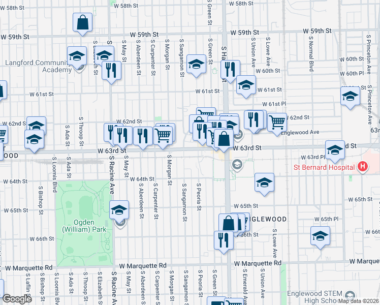 map of restaurants, bars, coffee shops, grocery stores, and more near 901 West 63rd Street in Chicago