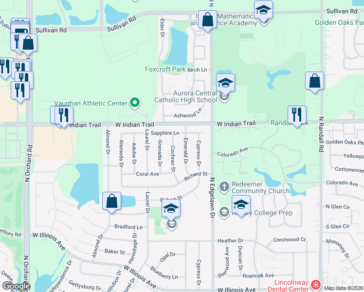map of restaurants, bars, coffee shops, grocery stores, and more near 1110 Emerald Drive in Aurora