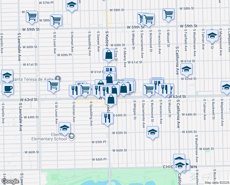 map of restaurants, bars, coffee shops, grocery stores, and more near 6242 South Troy Street in Chicago