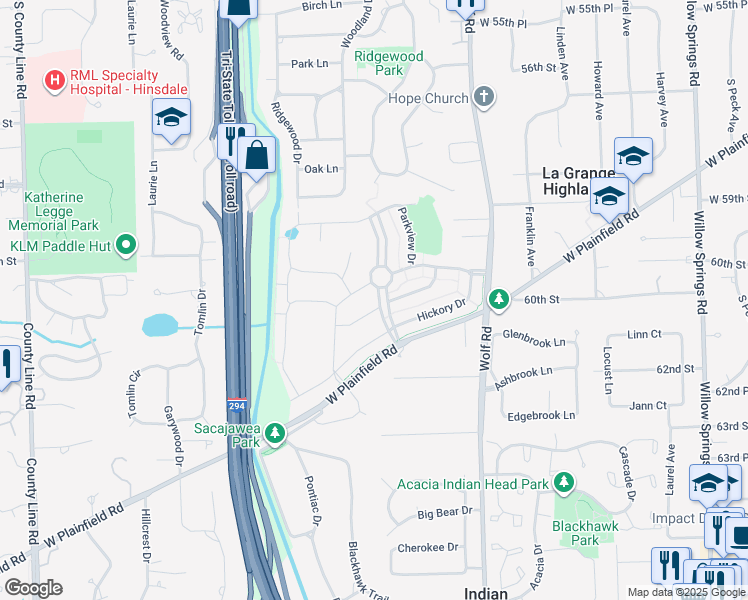 map of restaurants, bars, coffee shops, grocery stores, and more near 5922 Timber Trails Boulevard in Western Springs