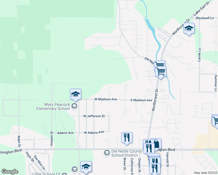 map of restaurants, bars, coffee shops, grocery stores, and more near 1898 Alexandria Way in Crescent City