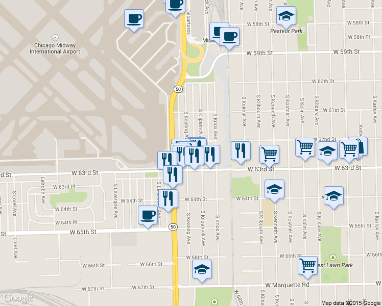 map of restaurants, bars, coffee shops, grocery stores, and more near 6225 South Keating Avenue in Chicago