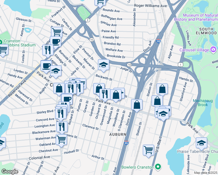 map of restaurants, bars, coffee shops, grocery stores, and more near 81 Greenwood Street in Cranston