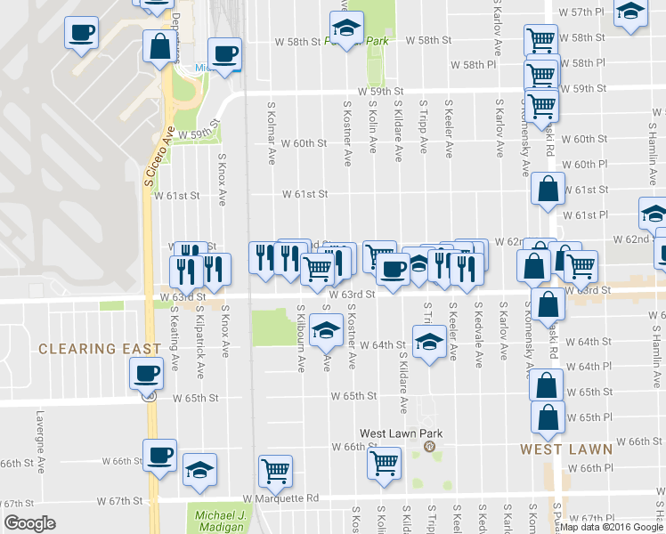 map of restaurants, bars, coffee shops, grocery stores, and more near 6227 S Kenneth Ave in Chicago