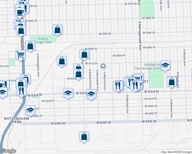 map of restaurants, bars, coffee shops, grocery stores, and more near 6158 South Normandy Avenue in Chicago