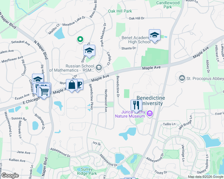 map of restaurants, bars, coffee shops, grocery stores, and more near 5766 Oak Ridge Way in Lisle