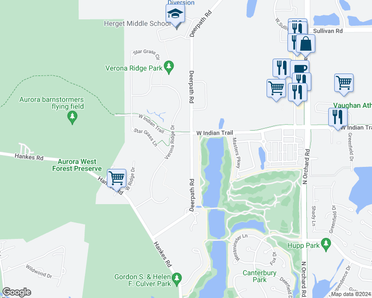 map of restaurants, bars, coffee shops, grocery stores, and more near 1130 Deerpath Road in Aurora