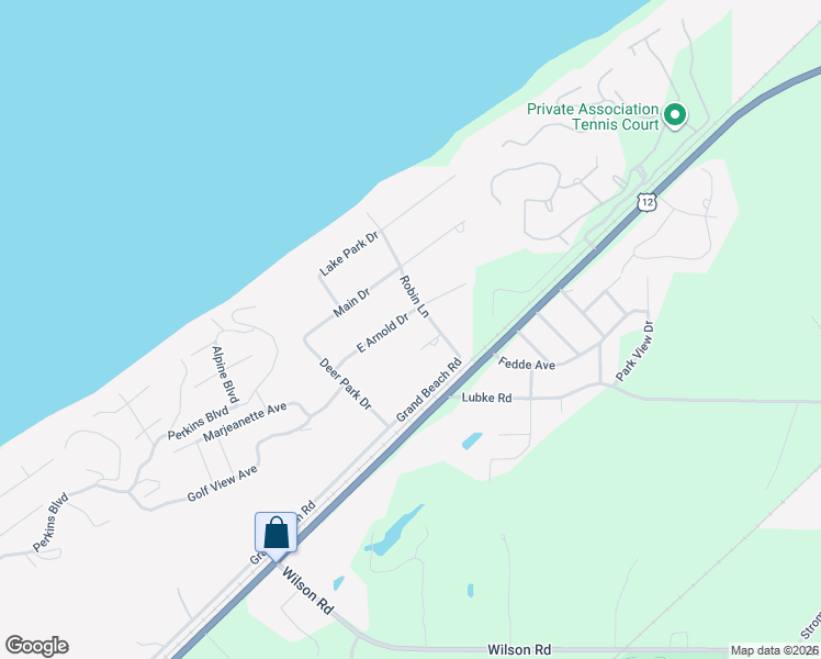 map of restaurants, bars, coffee shops, grocery stores, and more near 51325 East Arnold Avenue in Grand Beach