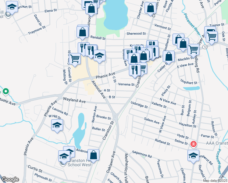 map of restaurants, bars, coffee shops, grocery stores, and more near 57 C St in Cranston