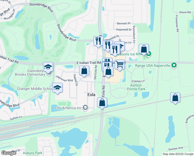 map of restaurants, bars, coffee shops, grocery stores, and more near 6S191 Old Eola Road in Aurora