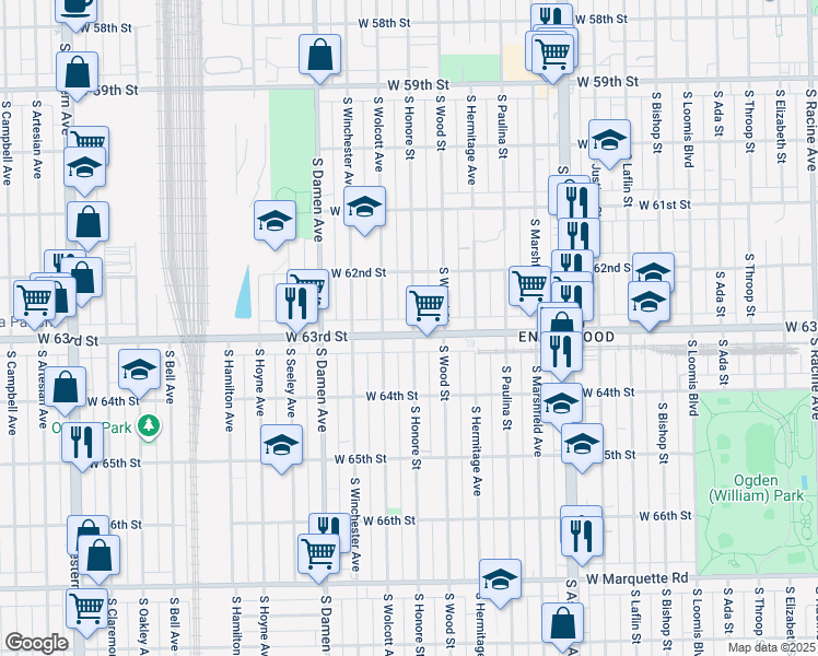 map of restaurants, bars, coffee shops, grocery stores, and more near 1834 West 63rd Street in Chicago