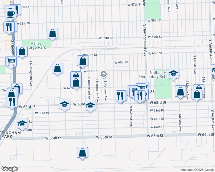 map of restaurants, bars, coffee shops, grocery stores, and more near 6159 South Natoma Avenue in Chicago