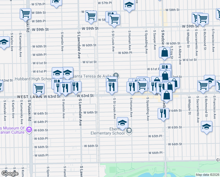 map of restaurants, bars, coffee shops, grocery stores, and more near 3513 West 62nd Place in Chicago