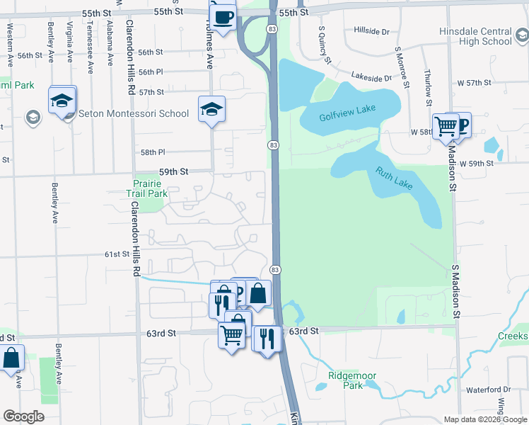 map of restaurants, bars, coffee shops, grocery stores, and more near 6060 Laurel Lane in Willowbrook
