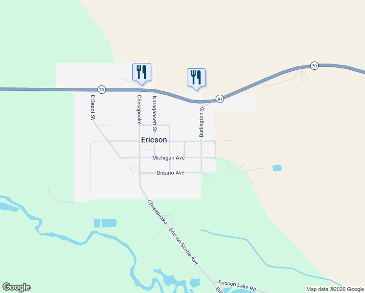 map of restaurants, bars, coffee shops, grocery stores, and more near 605 Central Avenue in Ericson