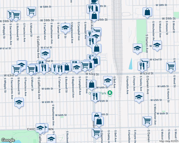 map of restaurants, bars, coffee shops, grocery stores, and more near 6254 South Western Avenue in Chicago