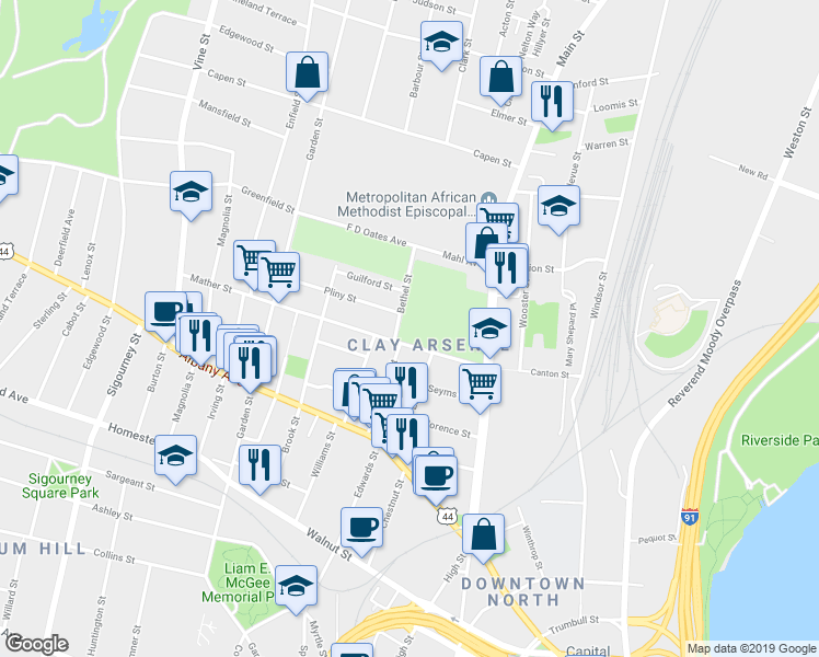 map of restaurants, bars, coffee shops, grocery stores, and more near 32 Bethel Street in Hartford