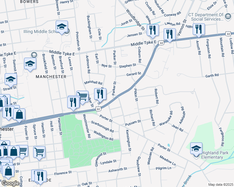 map of restaurants, bars, coffee shops, grocery stores, and more near 413 East Center Street in Manchester