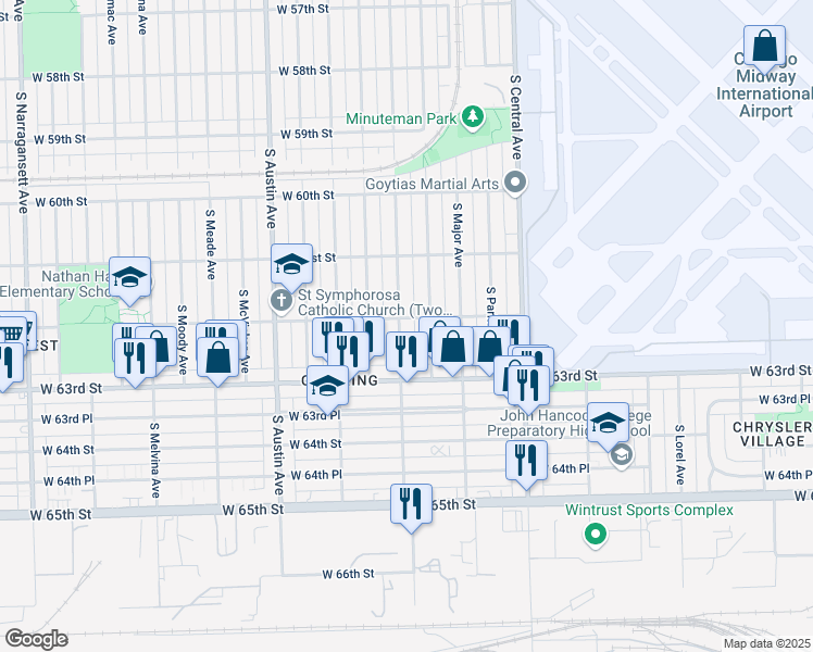 map of restaurants, bars, coffee shops, grocery stores, and more near 6203 South Menard Avenue in Chicago