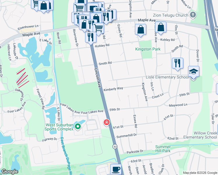 map of restaurants, bars, coffee shops, grocery stores, and more near 351 Kings Cove in Lisle