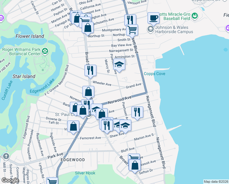 map of restaurants, bars, coffee shops, grocery stores, and more near 160 Grand Avenue in Cranston