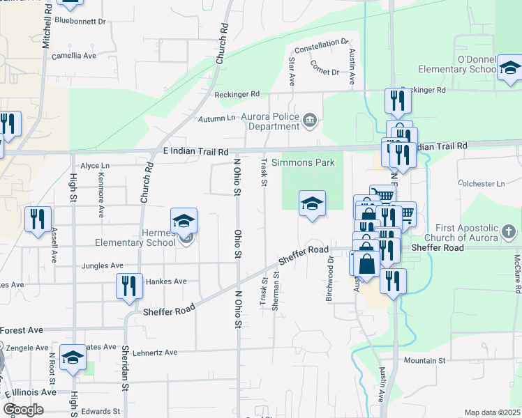map of restaurants, bars, coffee shops, grocery stores, and more near 1050 Trask Street in Aurora