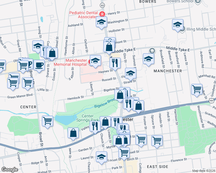 map of restaurants, bars, coffee shops, grocery stores, and more near 41 Bigelow Street in Manchester