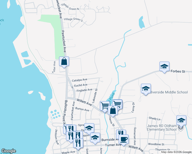 map of restaurants, bars, coffee shops, grocery stores, and more near 102 Catalpa Avenue in East Providence